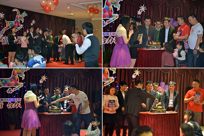 为生日的员工送上蛋糕，董事长还为寿星们送上精美礼物