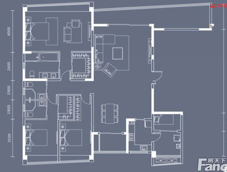 本单元的设计关键词：净、雅、简、时尚。客厅是主人品位的象征，本客厅的墙面没有过多的装饰，客餐厅的酒柜设计更是凸显了主人的品味格调，而本设计客厅没有主灯，让人感觉视野比较开阔。